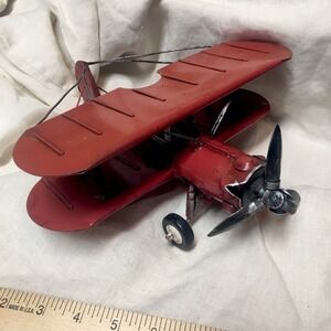 Vintage WWI Red Baron Decor Tin Metal Bi-Plane Rustic Model Airplane Read Descr